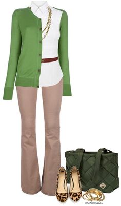 "Maggie Bags for the Office" by archimedes16 on Polyvore Frog Cardigan, Look Office, Teacher Clothes, Leopard Print Shoes, Sleeveless Shirts, Going Green, Print Shoes, Green Cardigan