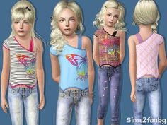 three girls in different outfits standing next to each other with butterflies on their shirts and jeans