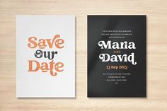 two save the dates cards with orange and black lettering on them, sitting next to each other