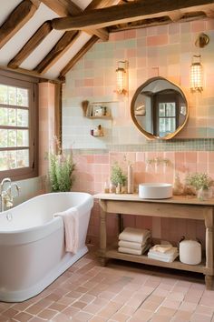 a bath room with a tub a sink and a mirror on the wall in front of a window