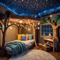 a child's bedroom decorated in blue and green with stars on the ceiling, tree branches