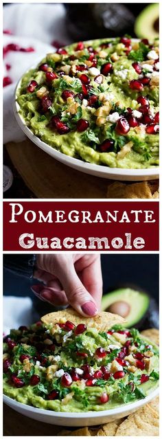 a plate with guacamole and tortilla chips on it, topped with pomegranate