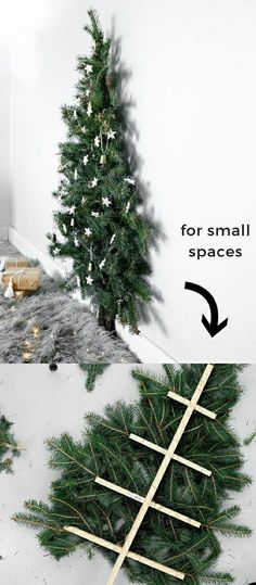 a small christmas tree is shown with the words, wall mounted christmas tree for small spaces