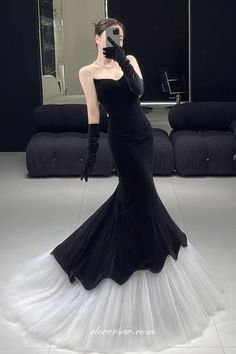 Black Velvet Pleating Tulle Mermaid Strapless Charming Formal Dresses, – clover sew Prom Dress With Gloves, Dress With Gloves, Velvet Evening Dress, Long Formal Gowns, Satin Evening Dresses, Formal Party Dress, Black Tulle, Black Evening Dresses, Glitter Dress