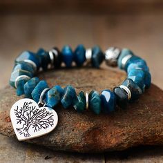 Blue Apatite Crystal, Handmade Charm Bracelets, Tree Of Life Bracelet, Tree Of Life Jewelry, Apatite Stone, Pearl Choker Necklace, Nature Inspired Jewelry, Blue Apatite, Handmade Charms