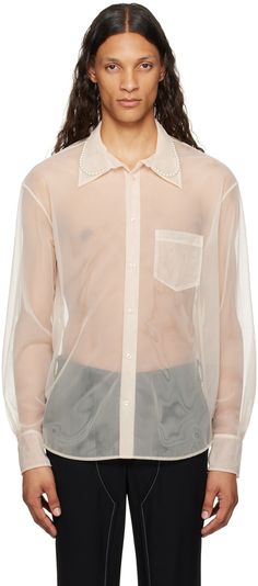 Sheer nylon tulle shirt. · Faux-pearl trim at spread collar · Button closure · Patch pocket · Shirttail hem · Single-button barrel cuffs · Box pleat at back yoke Supplier color: Beige/Pearl Pearl Shirt, Box Pleats, Patch Pocket, Faux Pearl, Apparel Accessories, Barrel, Top Brands, Mens Shirts, Trim