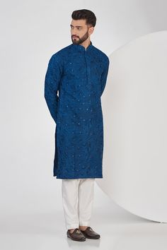 Blue silk kurta with all over chikankari work and sequin highlights. - Aza Fashions Chikankari Work, Kurta For Men, Kurta Patterns, Silk Kurta, Luxury Sale, Silk Embroidery, Blue Silk, Pants Pattern, Modern Bride