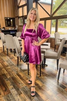 #girlsnightout #satindress #silkdress #puffsleeve #classy #sexy #dress #dolcevita #womensfashion #outfitinspo #outfits #style #ootd #heels #boutique #fashion #fashioninspiration #purple Chic Purple V-neck Dress, Spring Lavender V-neck Mini Dress, Purple Button-up Spring Dress, Purple V-neck Mini Dress For Daywear, Luxury Purple V-neck Mini Dress, Purple Satin