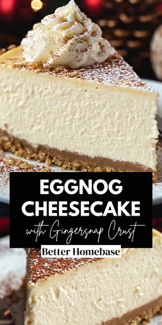 Eggnog Cheesecake with Gingersnap Crust is a festive dessert combining creamy eggnog flavor with a spiced gingersnap base. This rich, smooth cheesecake is ideal for holiday gatherings and winter celebrations.  With simple ingredients and a touch of holiday spice, this cheesecake brings warmth and festive cheer to every slice. Eggnog Desserts Easy, Recipe With Graham Cracker Crust, Easy Eggnog Cheesecake, Gingersnap Crust Recipes, Cheesecake With Gingersnap Crust, Holiday Cheesecake Recipes, Easy Cheesecake Recipe, Holiday Cake Recipes