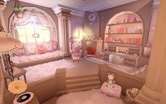 a living room filled with furniture and lots of pink stuff on top of carpeted flooring