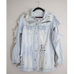 Women's Lola Shoetique Blue Ripped/Shredded Long Sleeve Jean Jacket Brand: Lola Shoetique Size: Large Length: 29.5 Inches Width: 40 Inches Sleeves: 24 Inches Shoulder: 19 Inches Oversized Ripped Blue Outerwear, Oversized Ripped Light Wash Outerwear, Blue Distressed Long Sleeve Outerwear, Long Sleeve Distressed Blue Outerwear, White Distressed Long Sleeve Outerwear, Washed Blue Long Sleeve Outerwear With Frayed Hem, Distressed Washed Blue Long Sleeve Outerwear, Ripped Blue Long Sleeve Outerwear, Distressed White Denim Outerwear