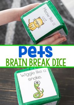 a hand holding two pieces of paper with words on it and the word pets written in green