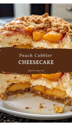 Peach Cobbler Cheesecake is a delightful fusion of two beloved desserts, combining the creamy richness of cheesecake with the warm, fruity flavors of peach cobbler. The smooth, velvety cheesecake filling sits atop a buttery crust, layered with juicy peaches and topped with a sweet, crumbly cobbler topping. Each bite offers a perfect balance of creamy, tangy cheesecake and the comforting sweetness of baked peaches. This show-stopping dessert is perfect for special occasions or anytime you want to treat yourself to something truly indulgent and unique. Peach Crisp Cheesecake, Peach Cobbler Cheesecake Bars, Bourbon Peach Cheesecake, Peach Cobbler Crumble Topping, Cheesecake Pudding Recipes, Unique Cheesecake Flavors, Unique Dessert Ideas, Peach Cobbler Crust, Cheesecake Cobbler