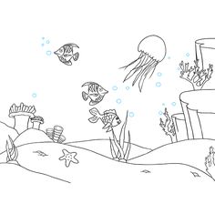 an underwater scene with jellyfish, seaweed and other marine creatures coloring page for kids