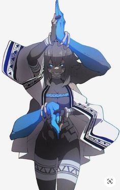 an anime character with blue hair and black pants holding a white object in her hand