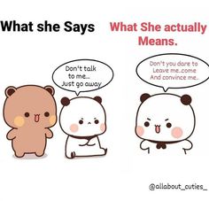 two cartoon bears with speech bubbles saying what she says,'what she actually means '