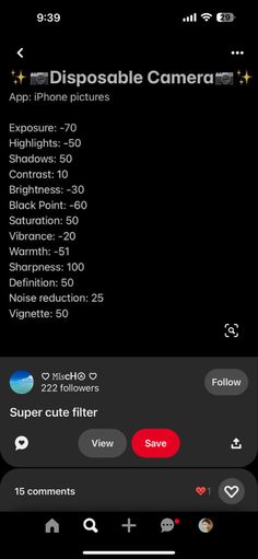 an iphone screen showing the disposable camera settings and how to use them