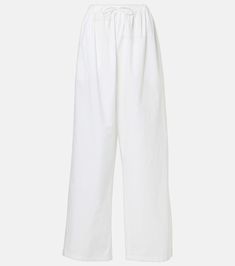 Hubert cotton wide-leg pants in white - The Row | Mytheresa Chic Cotton Wide Leg Pants With Pull-on Style, Cotton Trousers For Daywear, Relaxed Cotton Wide Leg Pants With Drawstring, White Cotton Wide Leg Pants With Elastic Waistband, Chic Cotton Parachute Pants With Elastic Waistband, Wide Leg Cotton Bottoms For Daywear, Straight Cotton Pants For Daywear, Cotton Straight Pants For Daywear, Straight Leg Cotton Parachute Pants For Loungewear