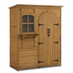 a wooden shed with the door open and windows on it's side, in front of a white background