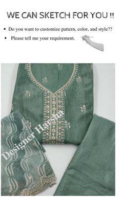 Designer Harsha here,  Etsy buyer make your own style now with your unique ideas ..!!  We are very precise and clear about our business. We bought plain fabric only from outside. Then dyeing the fabric, machine work on it, handwork, making as per customer measurements, customization which is done by our handcrafted team.  We have adopted a unique approach to provide best customer service. Like, if a customer wants extra hand work like diamond work , Mirror Work , then we can add. If customer wants any customization in Kameez or Salwar then we can do it. Like, we can make Patiala instead of pants or we can change the style like pants instead of Plazzo. We provide extra hook and eye in dresses. As per customer demand we provide side features like zipper and elastic and more lining (in sleeve Plain Suit, Dupatta Dress, Suit With Dupatta, Indian Tops, Machine Work, Punjabi Suit, Plain Fabric, Shalwar Kameez, Straight Trousers