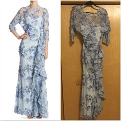 Badgley Mischka 3/4-Sleeve Embroidered Floral Lace Gown, Light Blue Length 60” Arm Pit To Arm Pit 15” Waist 13” Badgley Mischka Dress, Lace Gown, Badgley Mischka, Floral Lace, Size 2, Light Blue, Maxi Dress, Womens Dresses, Lace