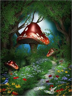 a painting of mushrooms and flowers in a forest with a path leading to the mushroom house