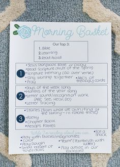 the morning basket list is displayed on top of a carpeted area with blue and white polka dots