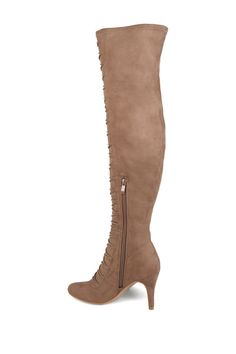 Add sizzling style to your look in over-the-knee high-heel boots by Journee Collection. Soft faux suede uppers rise above the knees and highlight a vintage inspired lace-up design accented with metal detailing.Sizing: This style fits true to size. W=wide calf. . Round toe. Partial side zip closure. Lace-up front design. Stiletto heel. Approx. 3.25" heel. Approx. 23" shaft height, 16.5" calf opening circumference, 15.5" opening circumference. Imported Synthetic upper, manmade sole Knee High Heels, High Heel Boots Knee, Wide Calf Boots, Rise Above, Wide Calf, Wide Boots, Journee Collection, Heel Boots, High Heel Boots