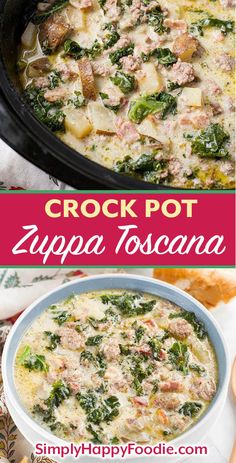 crock pot zuppa toscana with spinach and sausage in a slow cooker