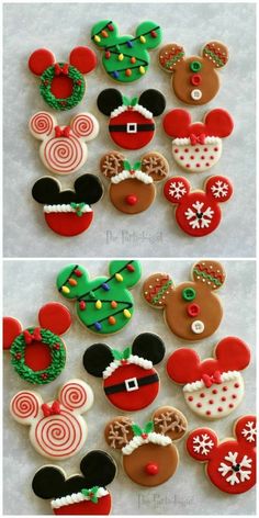 mickey and minnie mouse cookies decorated with icing, candy canes and christmas decorations