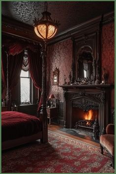 a bedroom with a bed, fireplace and red curtains on the walls in front of it