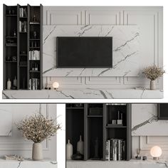 two pictures of a living room with white marble walls and black bookcases on the wall