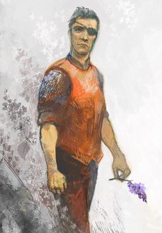 a drawing of a man holding a purple flower