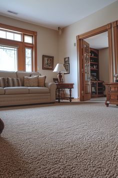 a carpet in a living room with Honey Oak Trim Carpet With Oak Trim, Blue Carpet, Green Carpet, My Living Room, Golden Oak