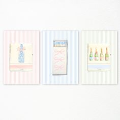 three greeting cards with bottles and bows on them