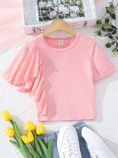 Pink Cute Collar Short Sleeve Polyester Plain  Embellished Medium Stretch  Girls Clothing Summer Outfits For Kids, Different Types Of Sleeves, Outfits For Kids, Summer Outfits Kids, Girls T Shirts, Butterfly Sleeve