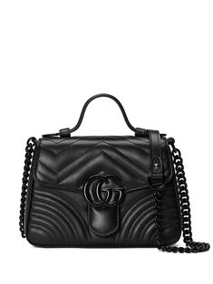 black leather logo plaque quilted foldover top main compartment single rounded top handle chain-link shoulder strap Gucci Marmont Top Handle Bag, Gucci Bag Price, Gucci Bag Black, Gg Marmont Mini Top Handle Bag, Black Gucci Bag, Gg Marmont Bag, Gucci Gg Marmont Mini, Mini Top Handle Bag, Love Parade