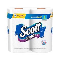 two rolls of scott brand toilet paper on a white background with blue and yellow lettering