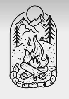 a drawing of a campfire in a jar with mountains and trees around it, on a white background