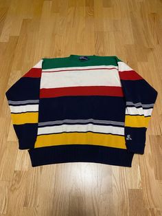 "Vintage Polo Ralph Lauren CPRL 92 Multi Colored Stripe Color Block Crew Neck Knit Sweater XL Pit to Pit 24\" Back Collar to Bottom 24 1/2\" Sleeve Length 23 1/2\" Colors bleeding into white (see pictures)"