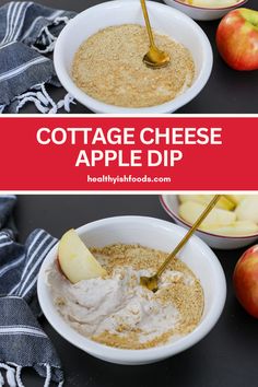 two bowls filled with cottage cheese and apples on top of a black table next to an apple