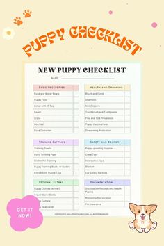 the puppy checklist is shown with an image of a dog's paw on it