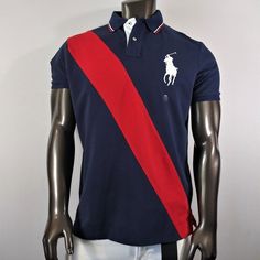 Ralph Lauren Polo ( Big Pony) Custom Slim Fit. 100% Cotton, Color: Dark Blue With Red Stripes Fitted Color Block Polo Shirt With Short Sleeves, Fitted Color Block Short Sleeve Polo Shirt, Fitted Blue Color Block Shirt, Fitted Navy Color Block Tops, Fitted Cotton Shirt With Color Block, Fitted Cotton Color Block Shirt, Blue Color Block Polo Shirt, Fitted Color Block Polo Shirt, Navy Color Block Collared Top