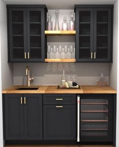 a kitchen with black cabinets and wooden counter tops, wine glasses on the shelves above the sink