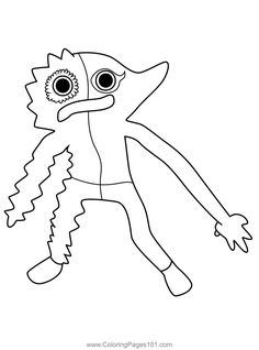 a cartoon character with big eyes and an alligator like body is outlined in black and white