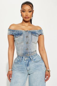 Available In Light Wash. Denim Corset Top Strapless Boning Detail Off Shoulder Button Down 2 Front Pockets Washed Cropped Non Stretch Shell: 65% Cotton 34% Polyester 1% Spandex Imported | For Keeps Denim Corset Top in Light Wash size XS by Fashion Nova Denim Corset Outfit, Corset Top Strapless, Trendy Denim Jacket, Corset Outfits, Denim Corset Top, For Keeps, Denim Essentials, Top Strapless, Denim Corset