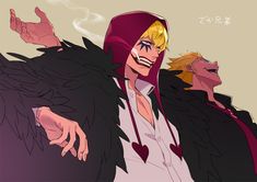 two anime characters one with blonde hair and the other wearing black feathers, are facing opposite directions