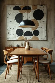 a dining room table with chairs and a vase on top of it in front of a painting