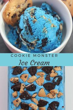 cookie monster ice cream in a white bowl with cookies on top