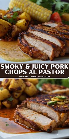 pork chops and potatoes on a plate with the words smoky & juicy pork chops al pastor